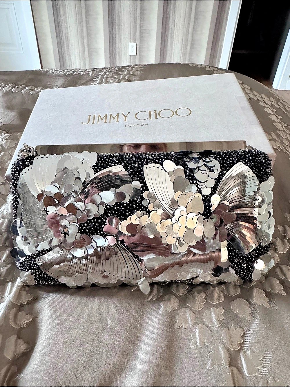 Jimmy Choo Cloud Crystal Flower Clutch Black & Silver NWT